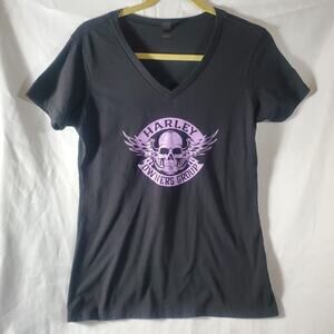 Harley Owners Group Women’s V-Neck T-Shirt M Black Skull Wings Biker Tee...
